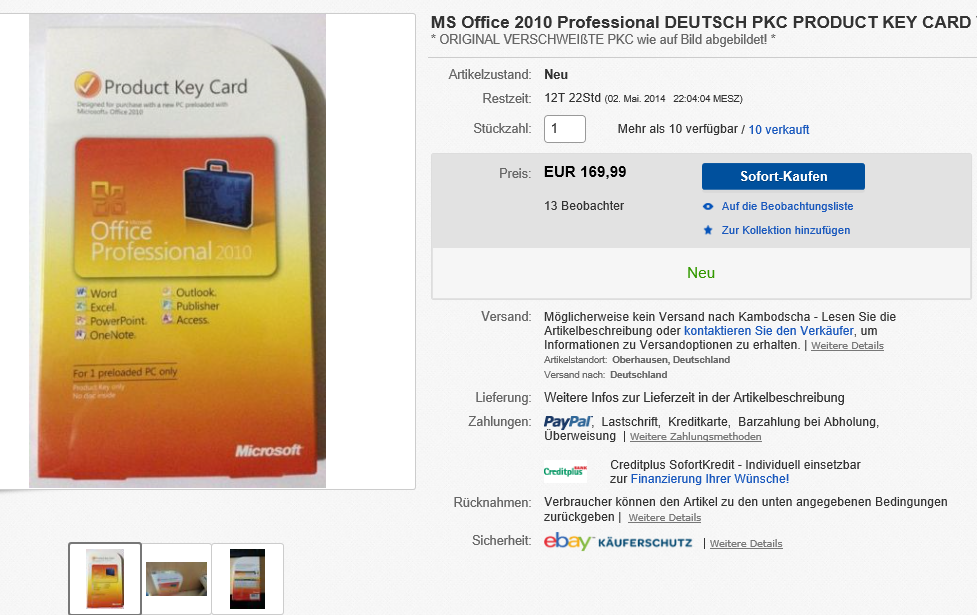 Office 2010 PKC von eBay
